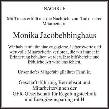 Traueranzeige von Monika Jacobebbinghaus von Die Glocke