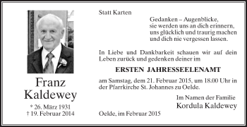 Traueranzeige von Franz Kaldewey von Die Glocke
