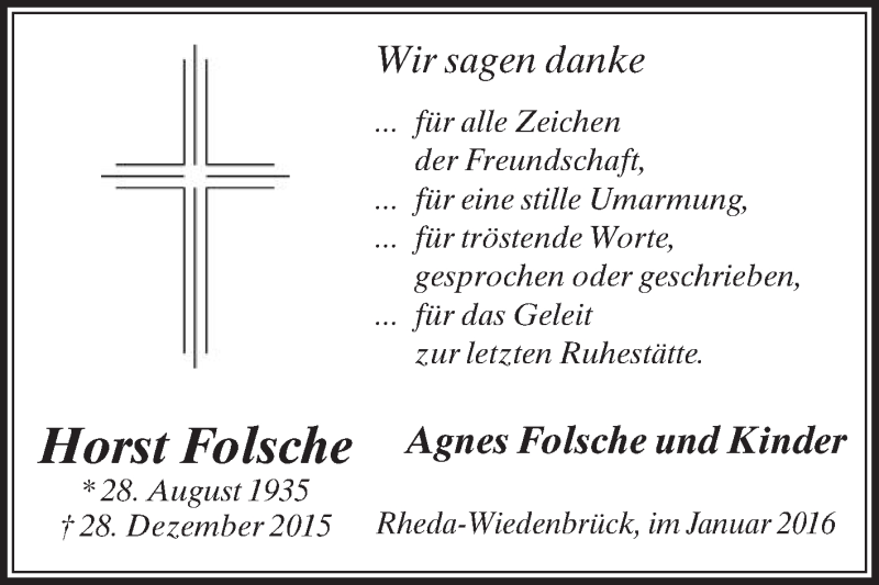  Traueranzeige für Horst Folsche vom 30.01.2016 aus Die Glocke