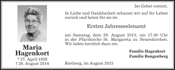 Traueranzeige von Maria Hagenkort von Glocke Trauer