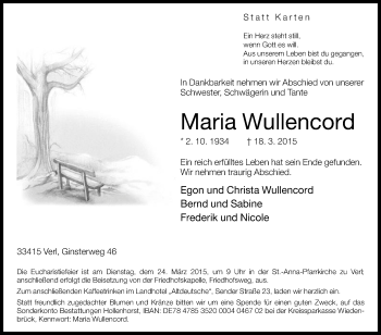 Traueranzeige von Maria Wullencord von Die Glocke