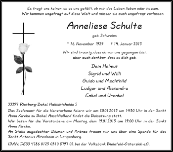 Traueranzeige von Anneliese Schulte von Die Glocke