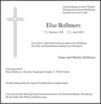 Traueranzeige von Else Bollmers von Die Glocke