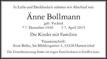 Traueranzeige von Änne Bollmann von Die Glocke