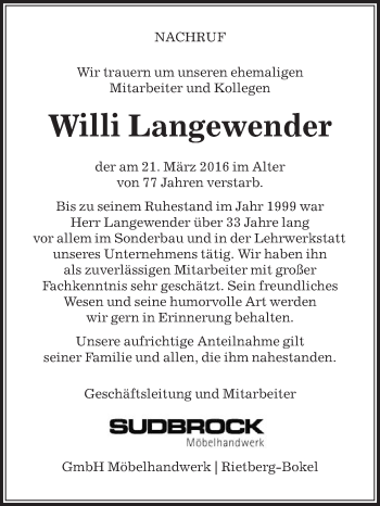 Traueranzeige von Willi Langewender von Die Glocke