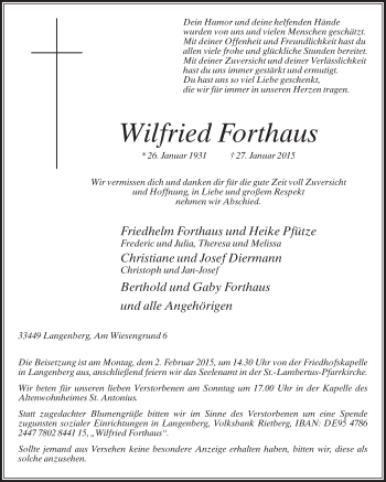 Traueranzeige von Wilfried Forthaus von Die Glocke
