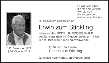 Traueranzeige von Erwin zum Stickling von Die Glocke