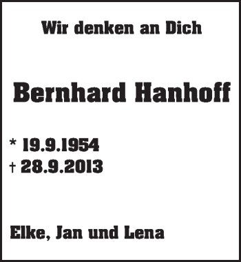 Traueranzeige von Bernhard Hanhoff von Die Glocke