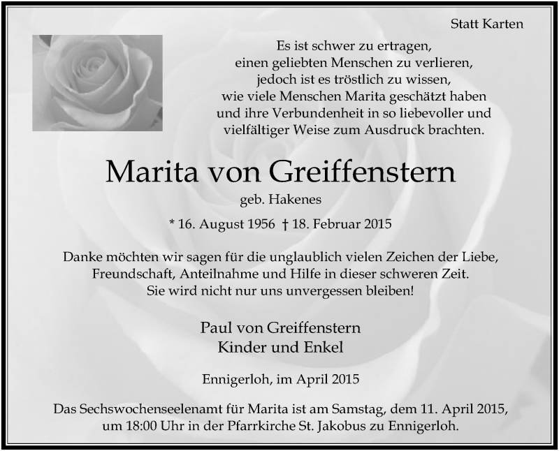  Traueranzeige für Marita  von Greiffenstern vom 08.04.2015 aus Die Glocke