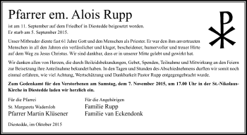 Traueranzeige von Alois Rupp von Die Glocke