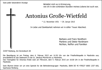 Traueranzeige von Antonius Große-Wietfeld von Die Glocke