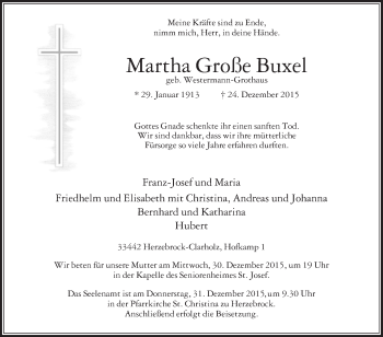 Traueranzeige von Martha Große Buxel von Die Glocke