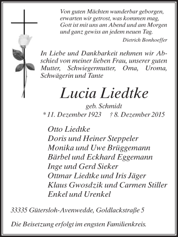 Traueranzeige von Lucia Liedtke von Die Glocke