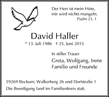 Traueranzeige von David Haller von Die Glocke