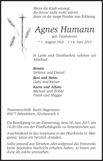 Traueranzeige von Agnes Humann von Die Glocke