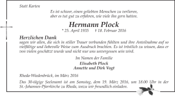 Traueranzeige von Hermann Plock von Die Glocke