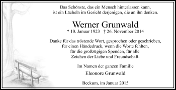 Traueranzeige von Werner Grunwald von Die Glocke