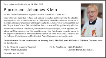 Traueranzeige von Johannes Klein von Die Glocke