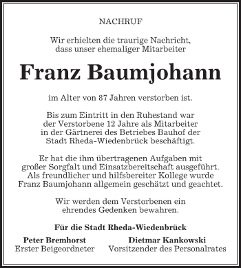 Traueranzeige von Franz Baumjohann von Die Glocke