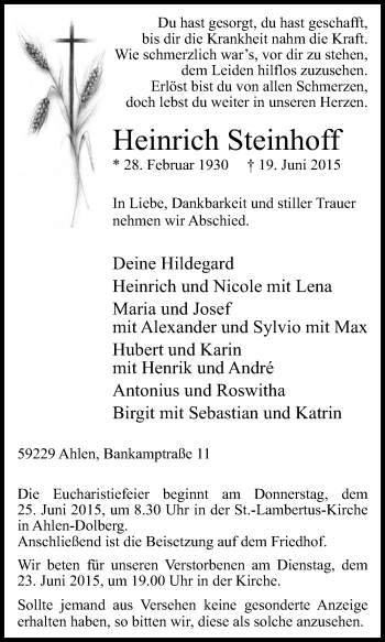 Traueranzeige von Heinrich Steinhoff von Die Glocke