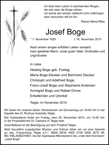 Traueranzeige von Josef Boge von Die Glocke