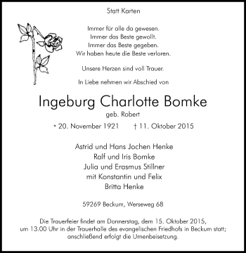 Traueranzeige von Ingeburg Charlotte Bomke von Die Glocke
