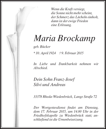 Traueranzeige von Maria Brockamp von Die Glocke