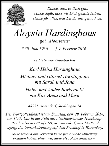 Traueranzeige von Aloysia Hardinghaus von Die Glocke