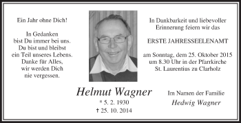 Traueranzeige von Helmut Wagner von Die Glocke