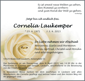 Traueranzeige von Cornelia Laukemper von Die Glocke