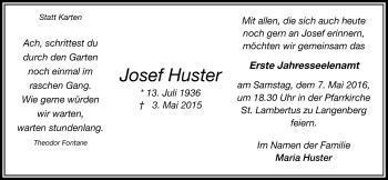 Traueranzeige von Josef Huster von Die Glocke