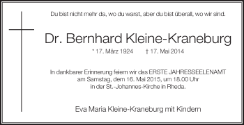 Traueranzeige von Bernhard Kleine-Kraneburg von Die Glocke