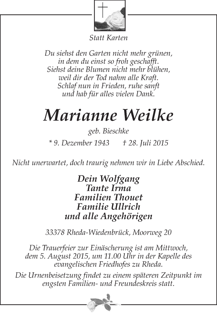  Traueranzeige für Marianne Weilke vom 01.08.2015 aus Die Glocke