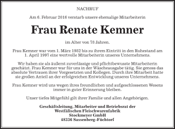 Traueranzeige von Renate Kemner von Die Glocke