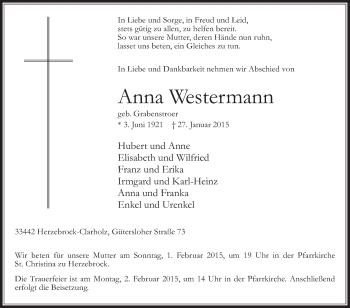 Traueranzeige von Anna Westermann von Die Glocke