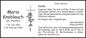 Traueranzeige von Maria Knoblauch von Die Glocke