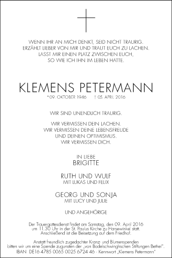 Traueranzeige von Klemens Petermann von Die Glocke