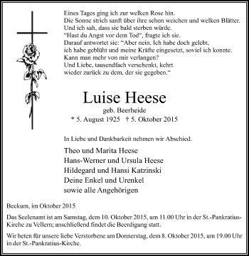 Traueranzeige von Luise Heese von Die Glocke