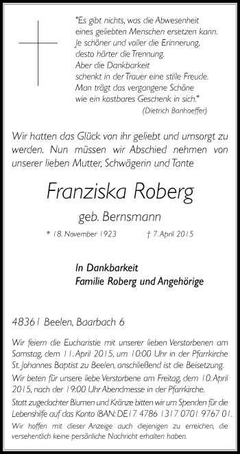 Traueranzeige von Franziska Roberg von Die Glocke
