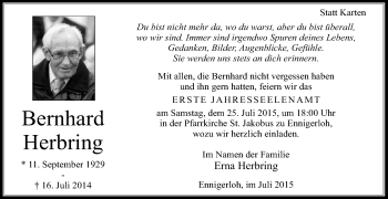 Traueranzeige von Bernhard Herbring von Die Glocke