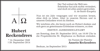 Traueranzeige von Hubert Reckendrees von Die Glocke