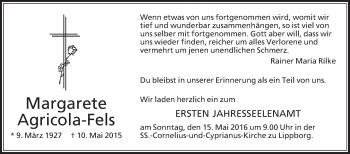 Traueranzeige von Margarete Agicola-Fels von Die Glocke