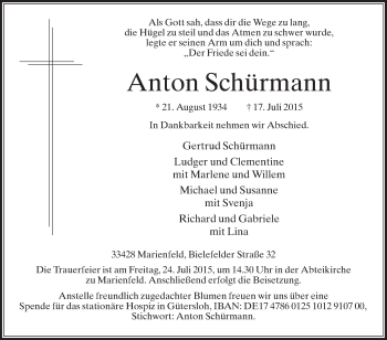Traueranzeige von Anton Schürmann von Die Glocke