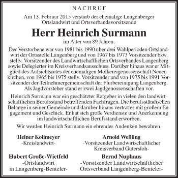 Traueranzeige von Heinrich Surmann von Die Glocke