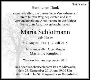 Traueranzeige von Maria Schlotmann von Die Glocke