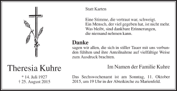 Traueranzeige von Theresia Kuhre von Die Glocke