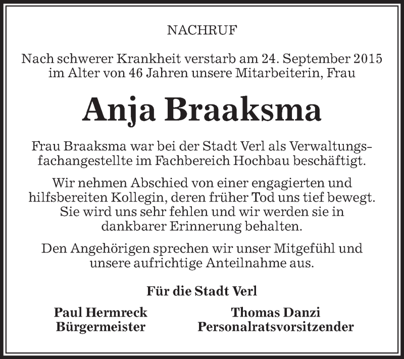  Traueranzeige für Anja Braaksma vom 29.09.2015 aus Die Glocke