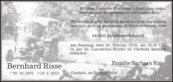 Traueranzeige von Bernhard Risse von Die Glocke