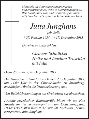 Traueranzeige von Jutta Junghans von Die Glocke