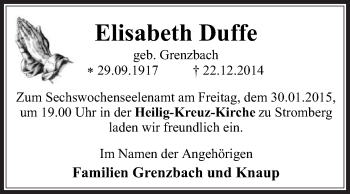 Traueranzeige von Elisabeth Duffe von Die Glocke